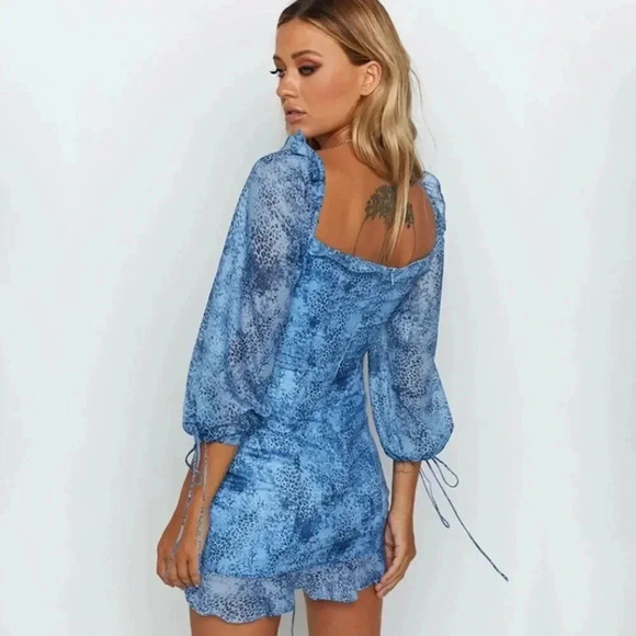 NEW! Blue Mixed Leopard Ruched Lace Up Puff Sleeve Mini Dress - Picture 5 of 11